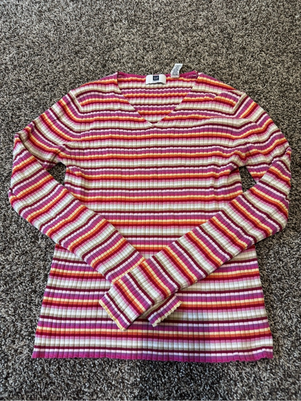 GAP Y2K Ribbed V-Neck Long Sleeve Top in Pink, Cream & Yellow Stripes